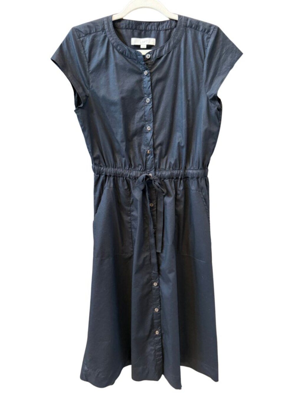 LOFT Black Button Front Midi Shirt Dress Drawstring Waist Size 4